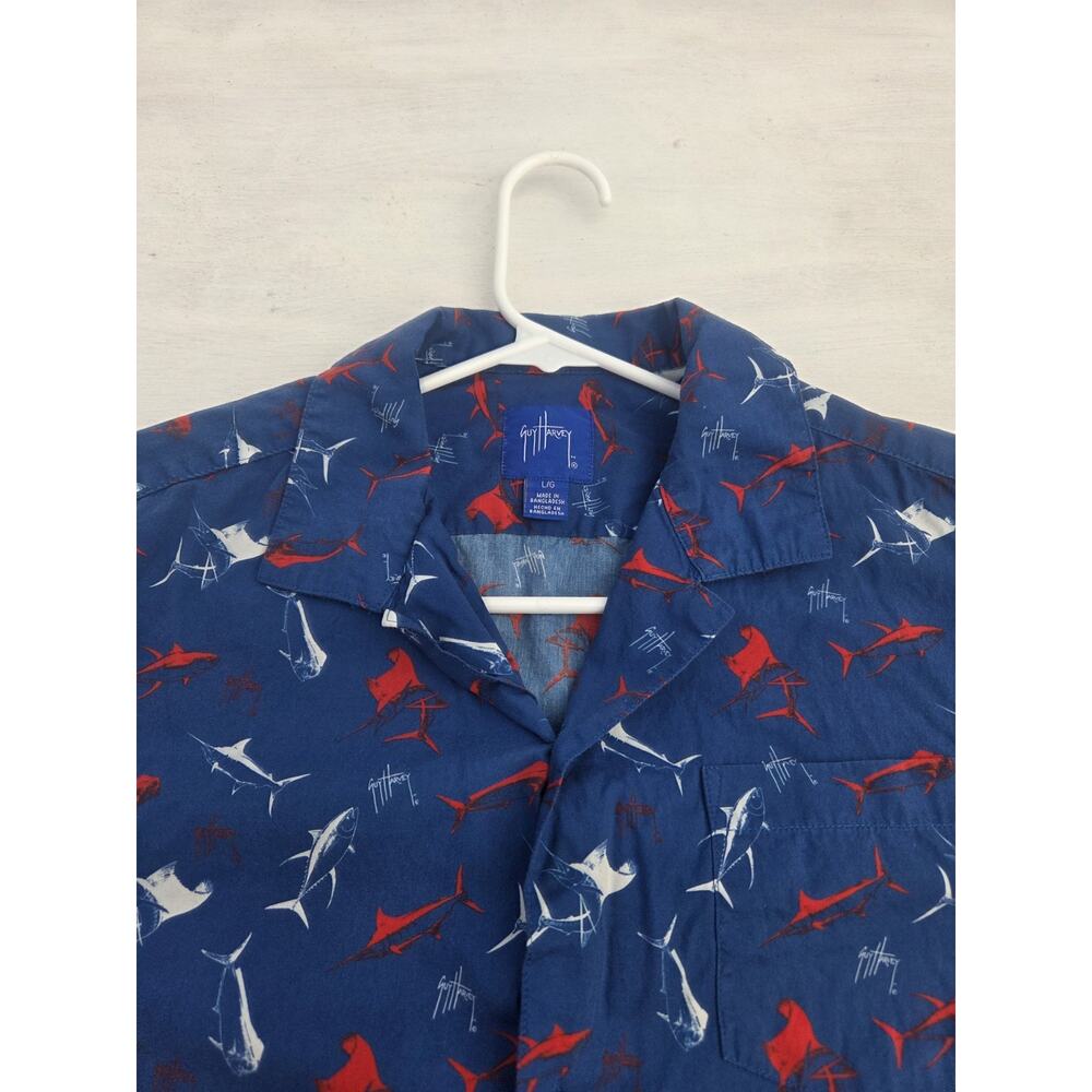 Guy Harvey Button Up Shirt Men's L Fish Print Short Sleeve Blue Marlin Tuna Mahi - Picture 3 of 7